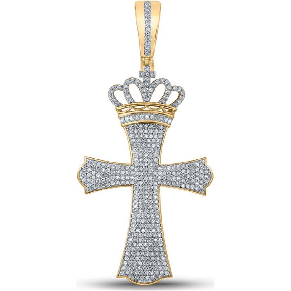 GND 10K Yellow Gold Crown Cross Pendant with Prong-Set Round Diamonds - 1.00 Carat Total Diamond Weight