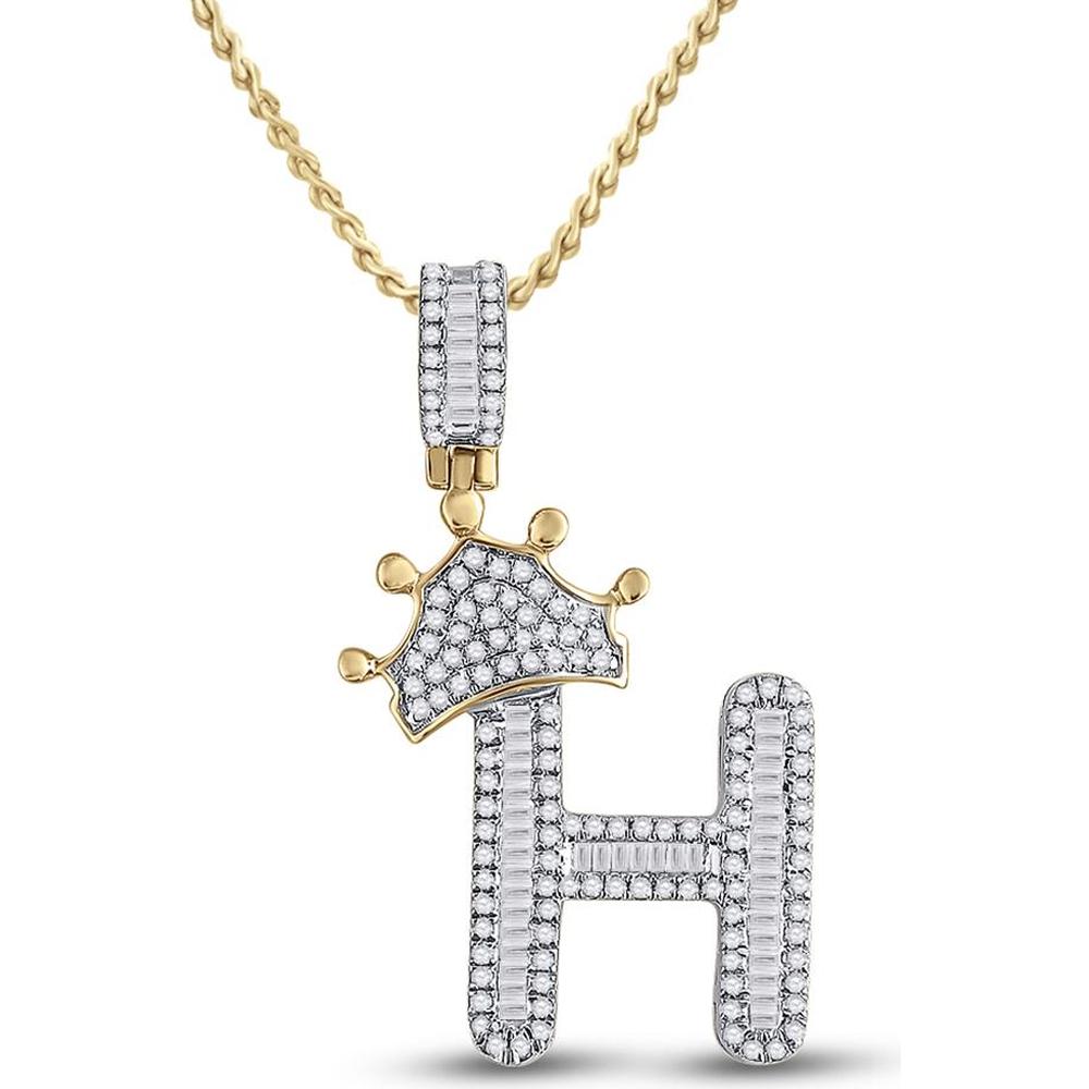 GND 10K Yellow Gold Crown H Letter Pendant with Channel-Set Baguette and Pavé-Set Round Diamonds - 5/8 Total Carat Weight
