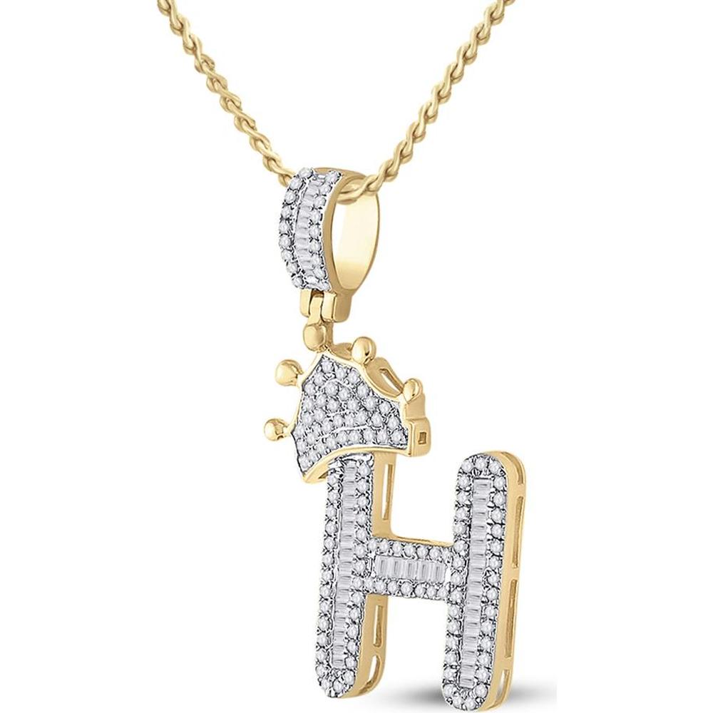 GND 10K Yellow Gold Crown H Letter Pendant with Channel-Set Baguette and Pavé-Set Round Diamonds - 5/8 Total Carat Weight