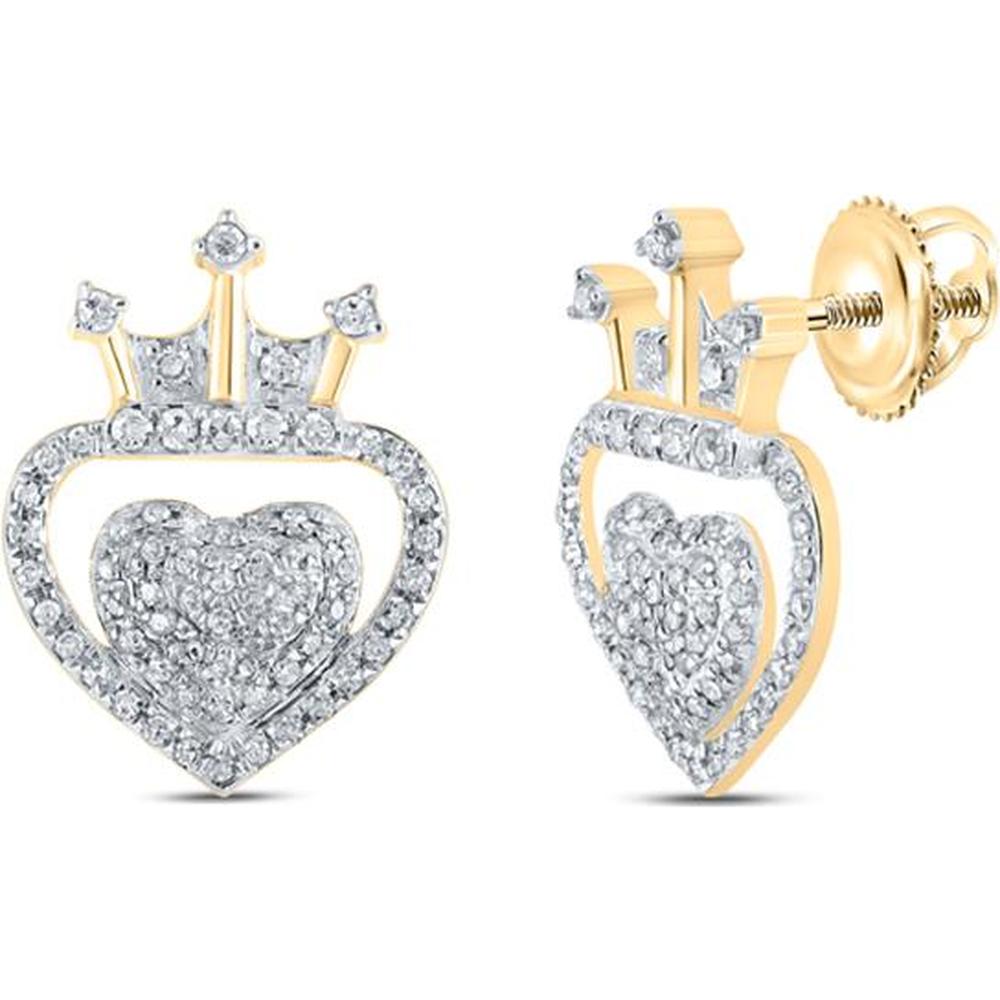GND 10K Yellow Gold Crown Heart Stud Earrings with Pave and Prong Set Round Diamonds - 0.33 Carat Total Diamond Weight