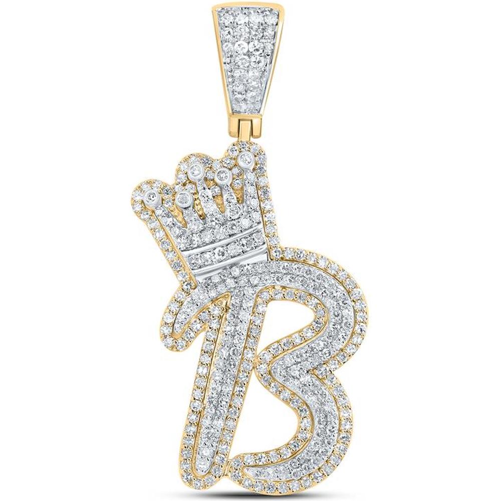 GND 10K Yellow Gold Crown Letter "B" Pendant with Prong-Set Round Diamonds - 1-1/3 Total Carat Weight