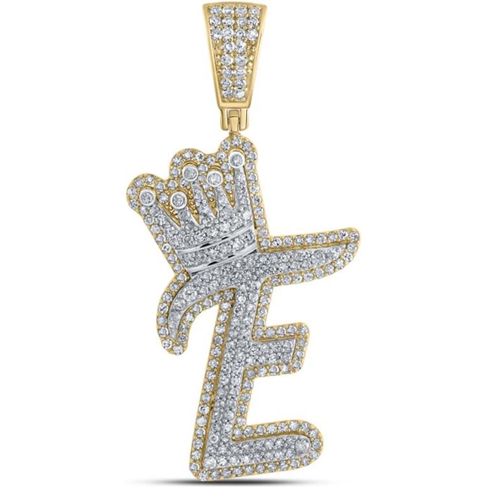 GND 10K Yellow Gold Crown Letter E Pendant with Prong Set Round Diamonds - 1.19 Carat Total Diamond Weight