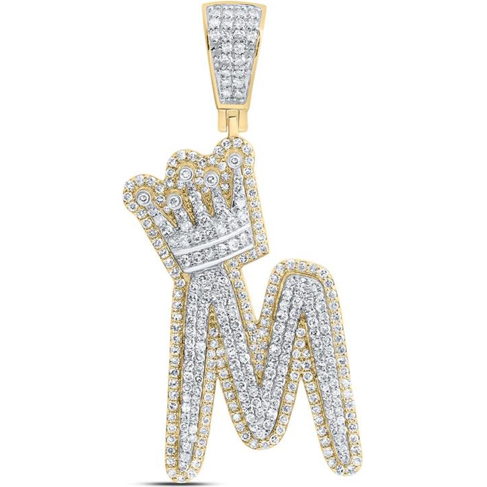 GND 10K Yellow Gold Crown Letter M Pendant with Prong-Set Round Diamonds - 1.22 Carat Total Diamond Weight
