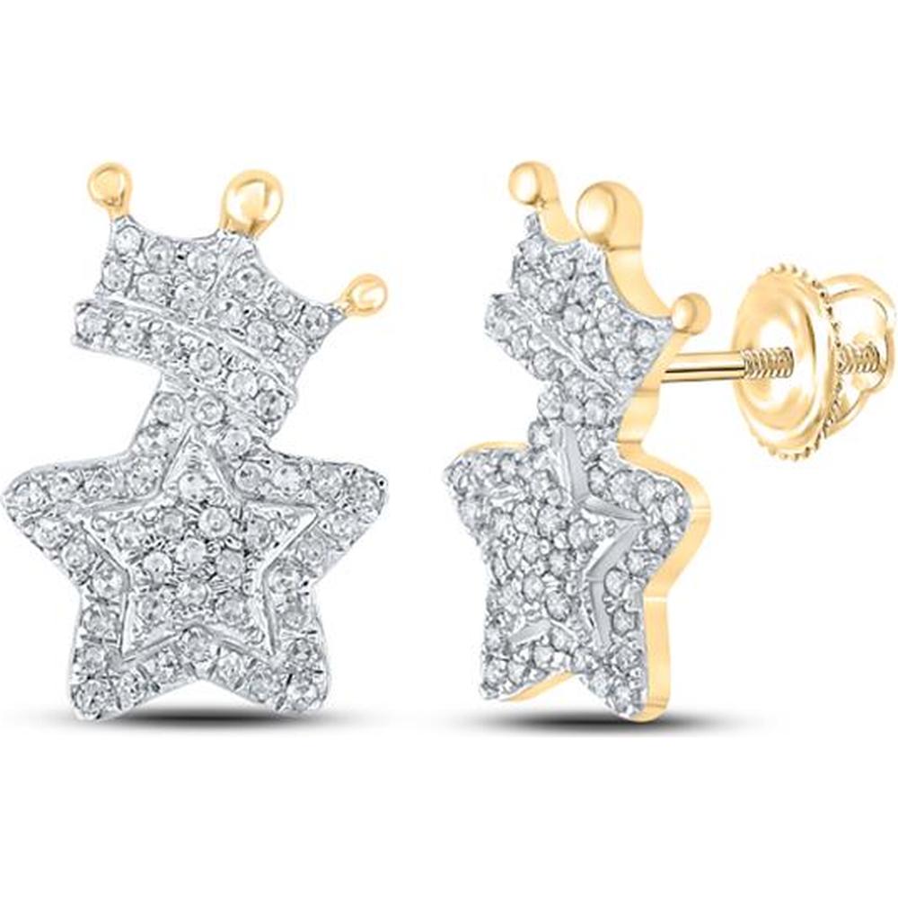 GND 10K Yellow Gold Crown Star Earrings with Pave-Set Round Diamonds - 1/3 Total Carat Weight