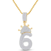 GND 10K Yellow Gold Crown-Topped Number 6 Pendant with Channel-Set Baguette and Pave-Set Round Diamonds - 0.70 Carat Total Diamond Weight