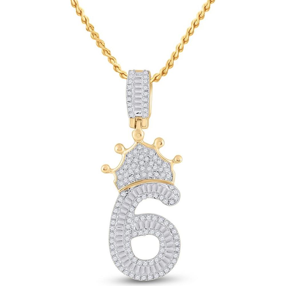 GND 10K Yellow Gold Crown-Topped Number 6 Pendant with Channel-Set Baguette and Pave-Set Round Diamonds - 0.70 Carat Total Diamond Weight