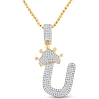 GND 10K Yellow Gold Crown U Letter Pendant with Baguette and Round Diamonds - 5/8 Carat Total Diamond Weight