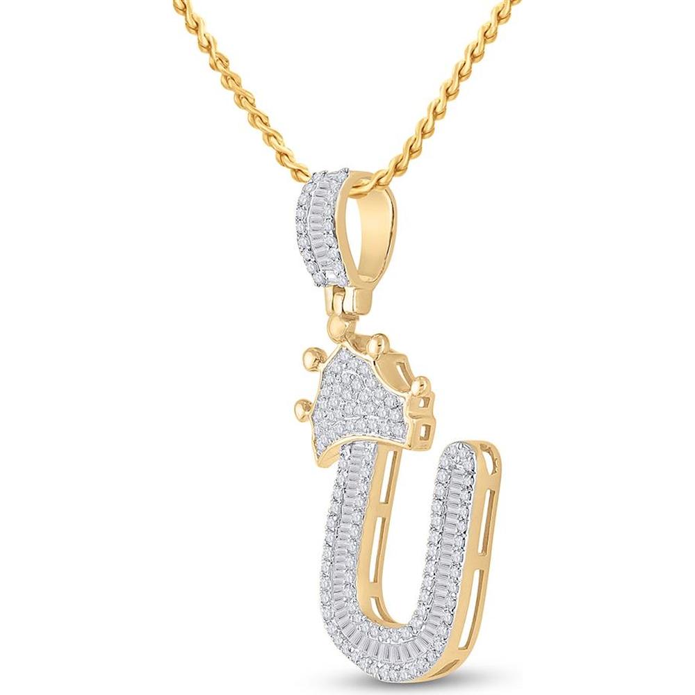 GND 10K Yellow Gold Crown U Letter Pendant with Baguette and Round Diamonds - 5/8 Carat Total Diamond Weight