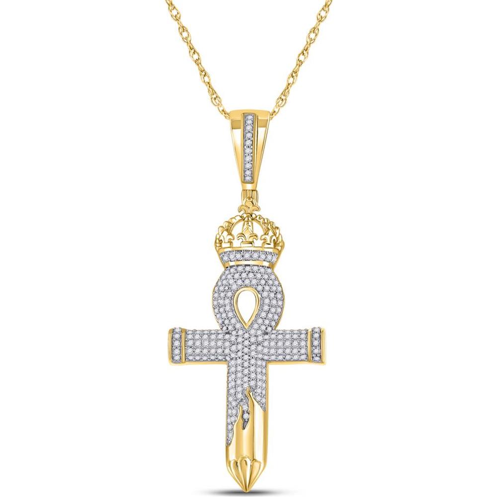 GND 10K Yellow Gold Crowned Ankh Nail Cross Pendant with 1/2 Carat Prong-Set Round Diamonds