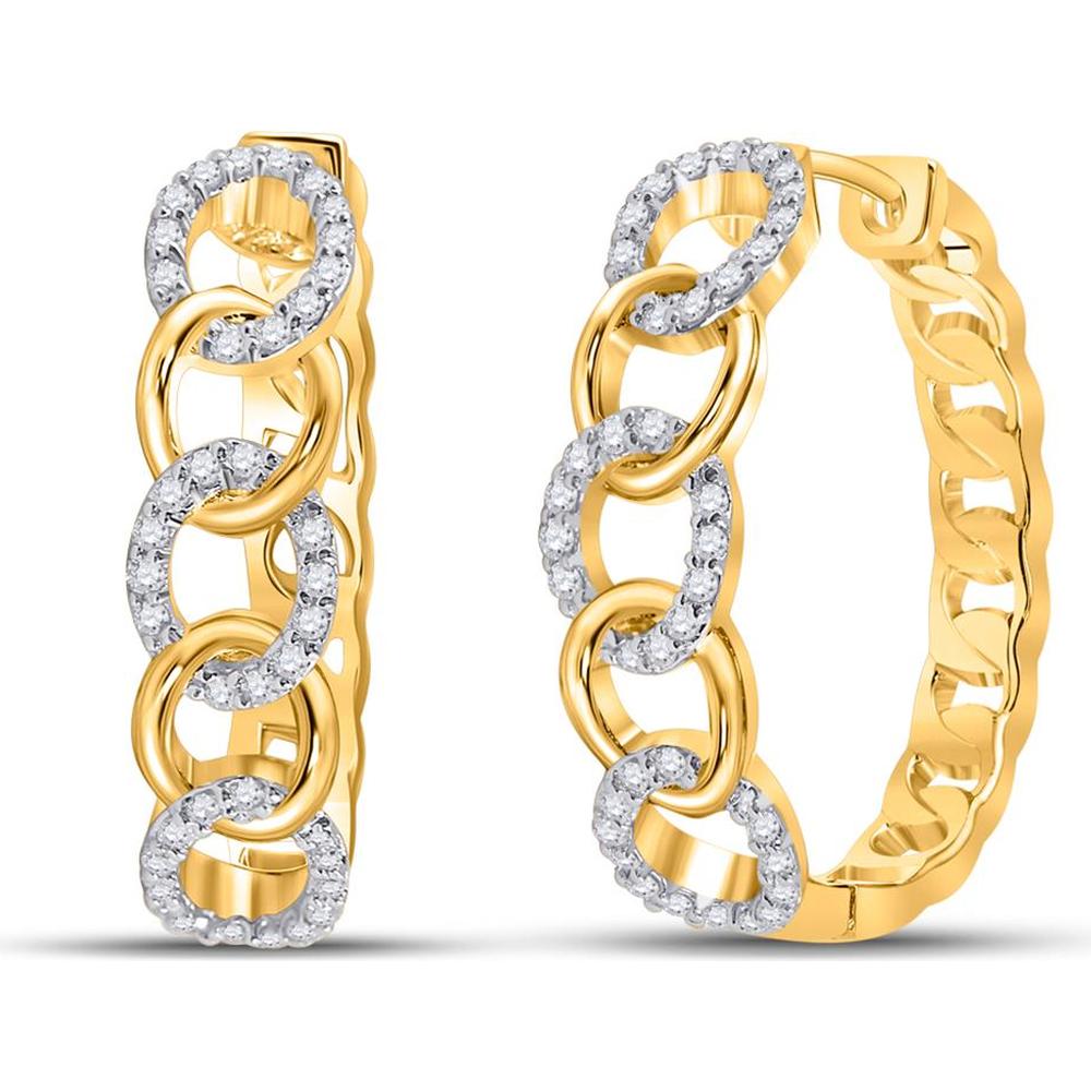 GND 10K Yellow Gold Cuban Curb Link Medium Hoop Earrings with Prong-Set Round Diamonds - 0.21 Carat Total Diamond Weight