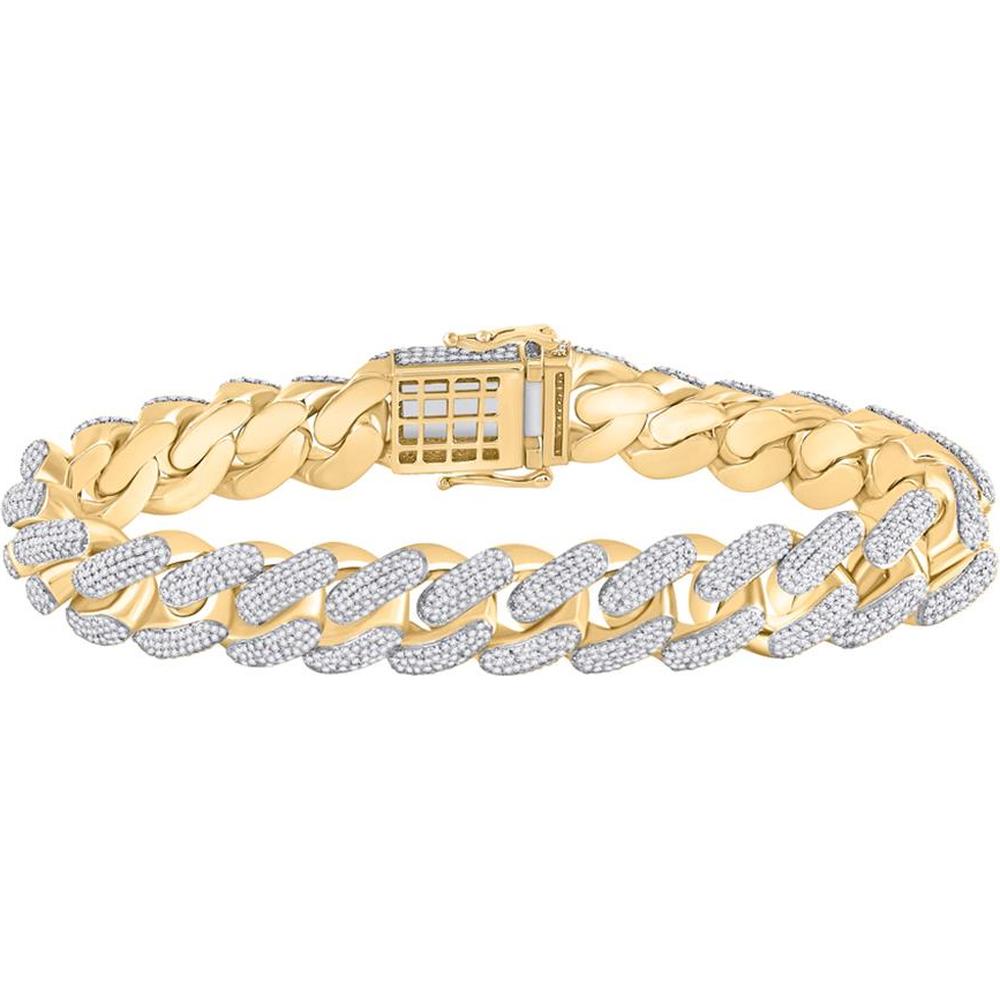 GND 10K Yellow Gold Cuban Link Bracelet with Pave-Set Round Diamonds - 9.00 Carat Total Diamond Weight
