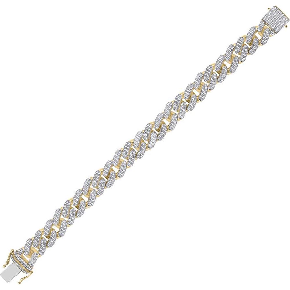 GND 10K Yellow Gold Cuban Link Bracelet with Pave-Set Round Diamonds - 9.00 Carat Total Diamond Weight