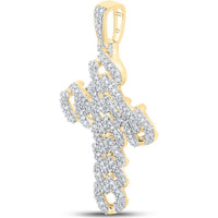 GND 10K Yellow Gold Cuban Link Cross Charm Pendant with Prong-Set Round Diamonds - 1.75 Carat Total Diamond Weight