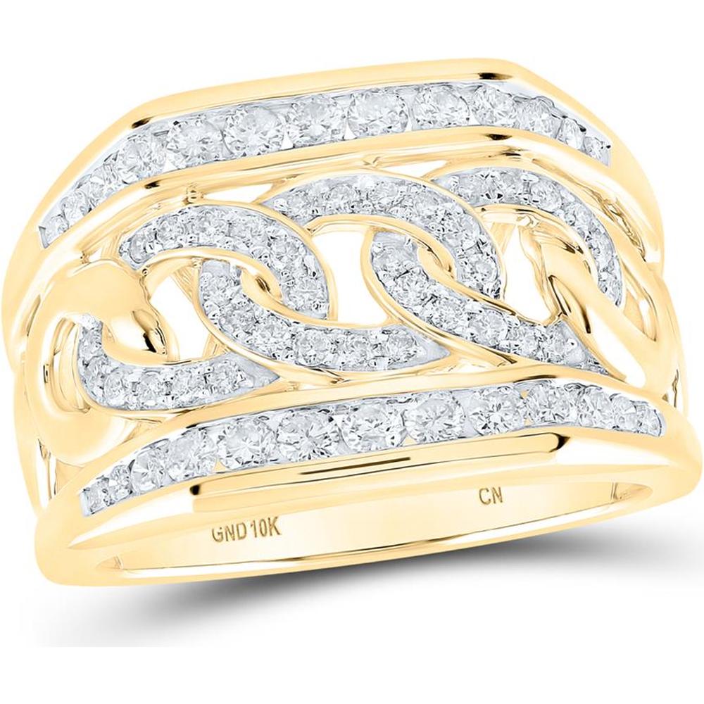 GND 10K Yellow Gold Curb Cuban Link Ring with Round Diamonds - 1.00 Carat Total Diamond Weight