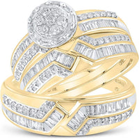 GND 10K Yellow Gold Diamond Cluster and Baguette Matching Wedding Ring Set - 1.00 Carat Total Diamond Weight