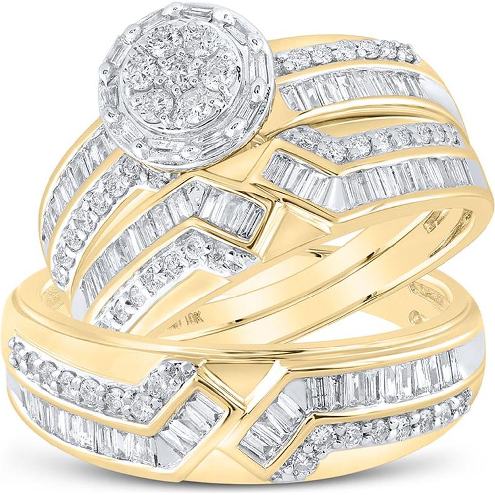 GND 10K Yellow Gold Diamond Cluster and Baguette Matching Wedding Ring Set - 1.00 Carat Total Diamond Weight
