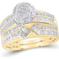 GND 10K Yellow Gold Diamond Cluster and Baguette Matching Wedding Ring Set - 1.00 Carat Total Diamond Weight