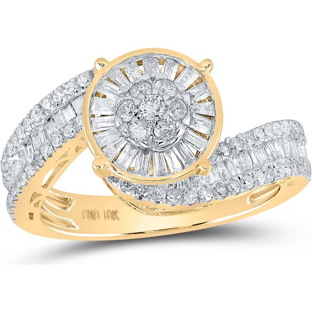 GND 10K Yellow Gold Diamond Cluster Bridal Engagement Ring with Round and Baguette Diamonds - 1-1/4 Carat Total Diamond Weight