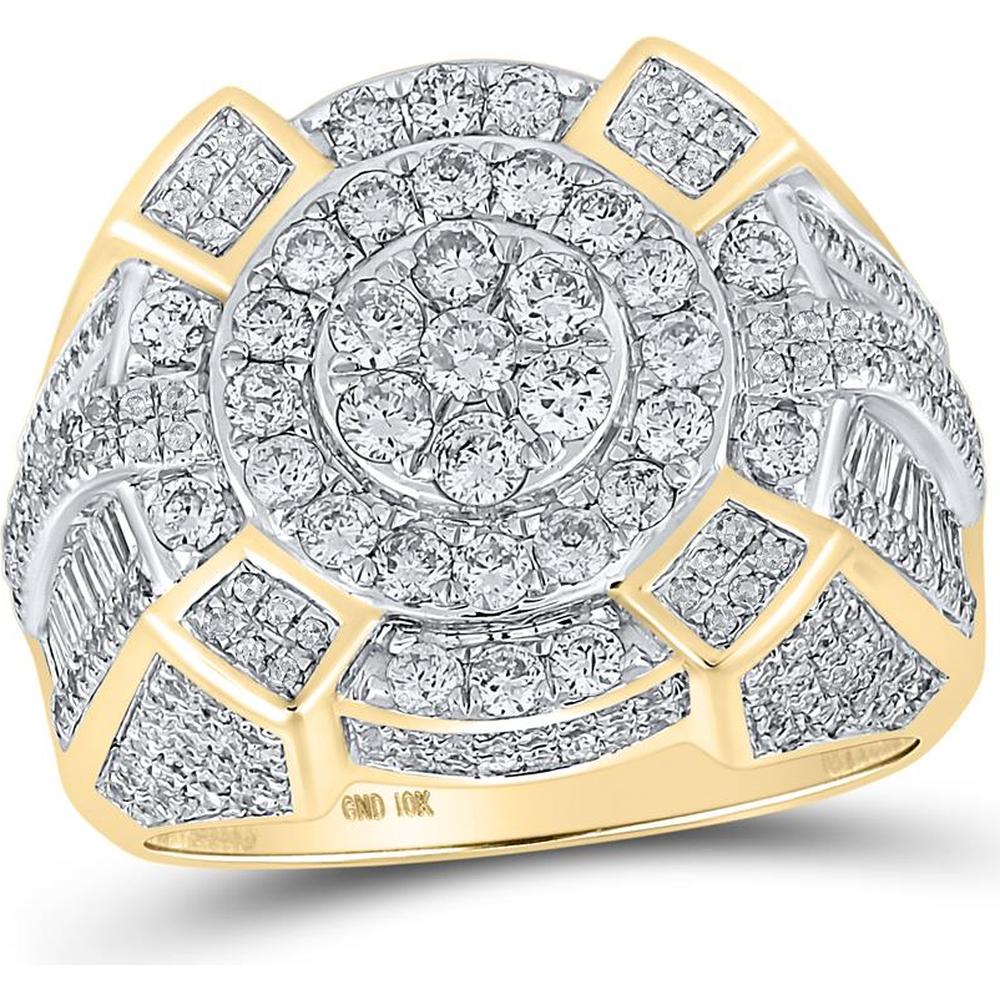 GND 10K Yellow Gold Diamond Cluster Ring with Pave-Set Round and Channel-Set Baguette Diamonds - 2-3/8 Carat Total Diamond Weight