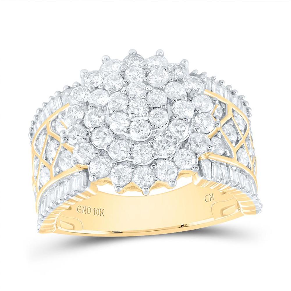 GND 10K Yellow Gold Diamond Cluster Ring with Prong-Set Round and Baguette Diamonds - 2 Carat Total Diamond Weight