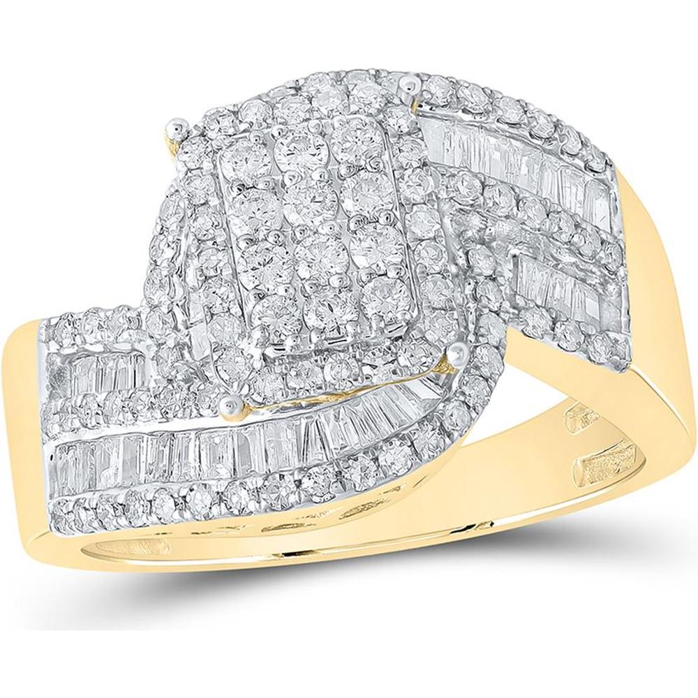 GND 10K Yellow Gold Diamond Cluster Ring with Prong-Set Round and Channel-Set Baguette Diamonds - 1.00 Carat Total Diamond Weight