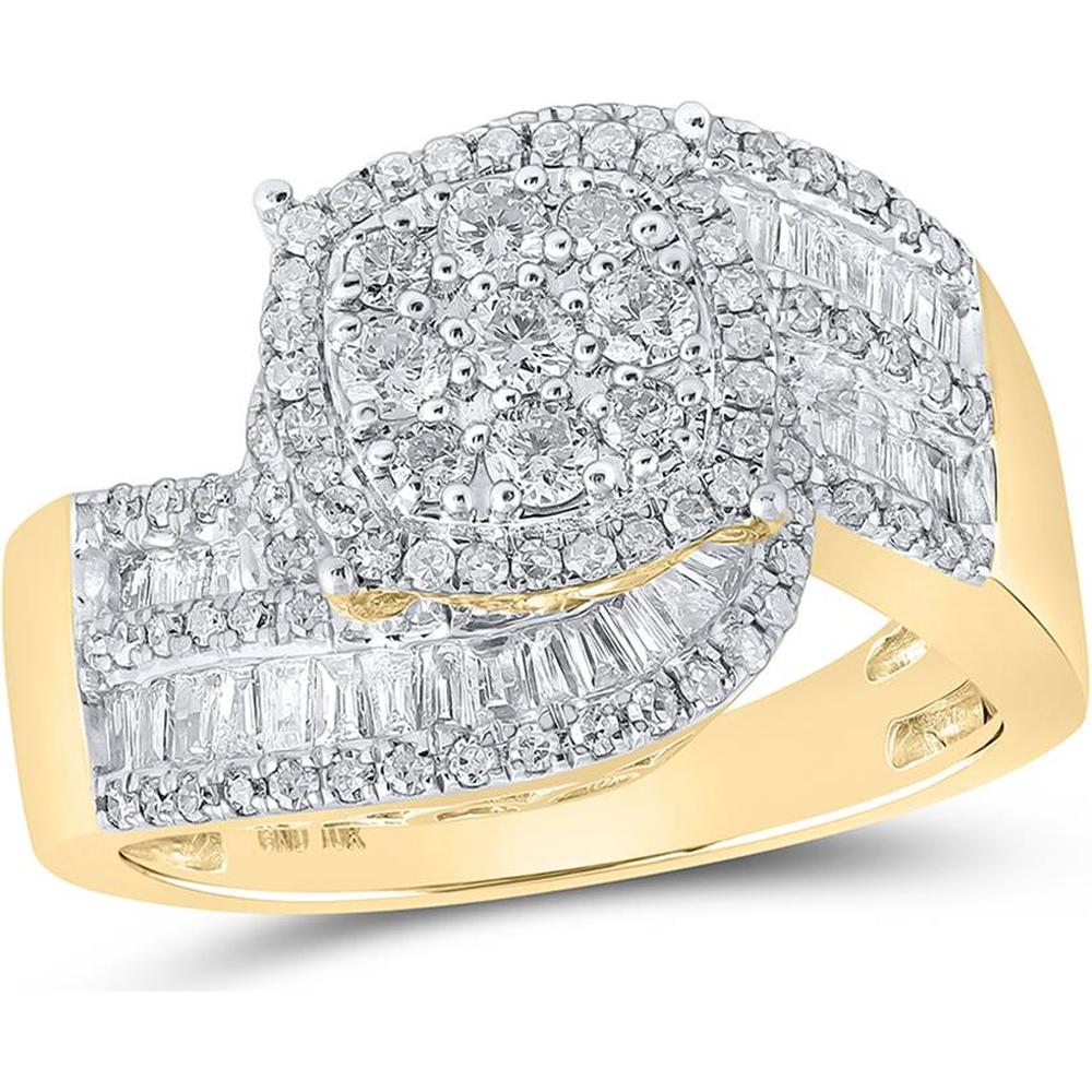 GND 10K Yellow Gold Diamond Cluster Ring with Round and Baguette Diamonds - 1.00 Carat Total Diamond Weight