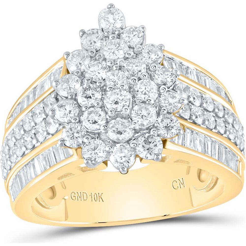 GND 10K Yellow Gold Diamond Cluster Ring with Round and Baguette Diamonds - 2.00 Carat Total Diamond Weight