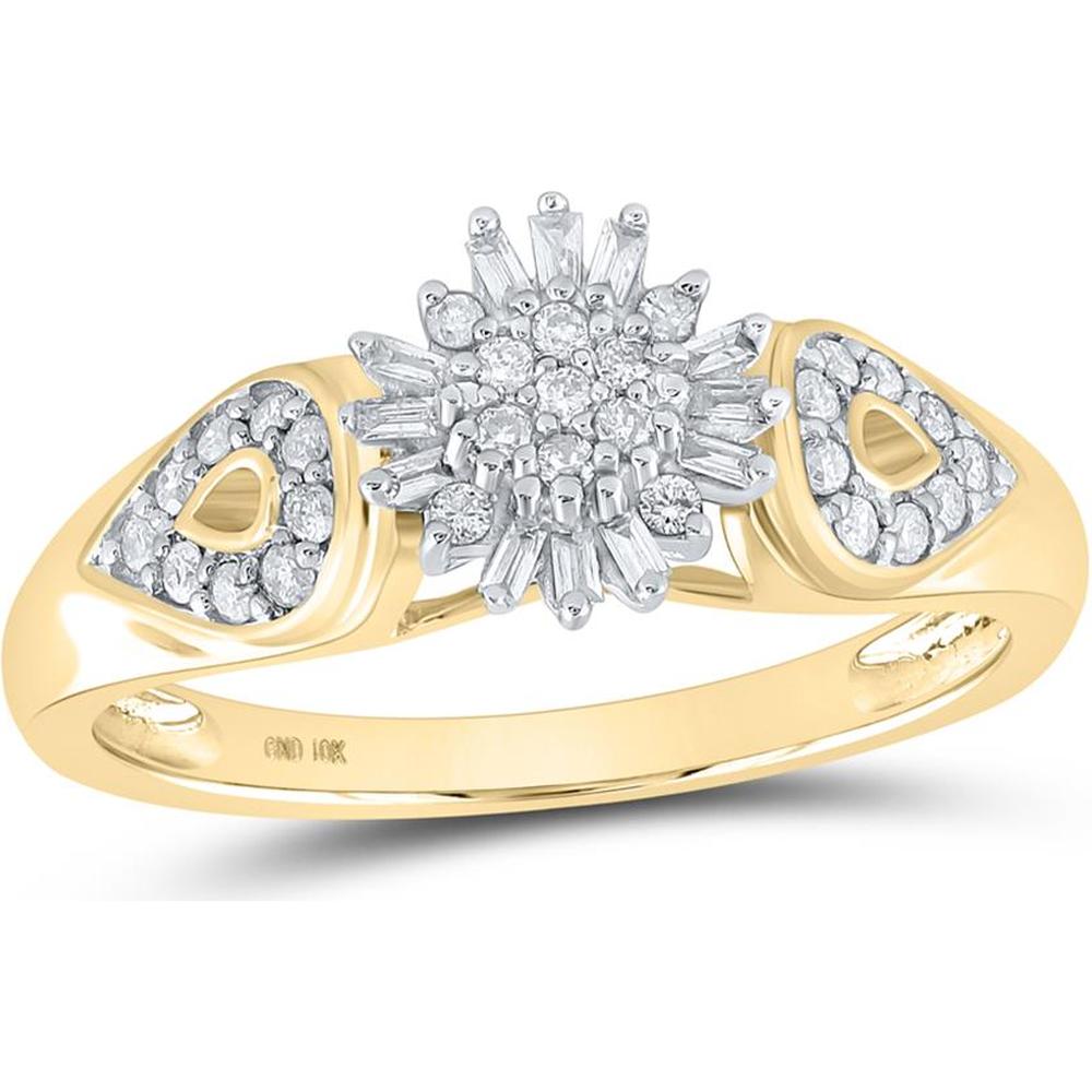 GND 10K Yellow Gold Diamond Cluster Ring with Round and Baguette Prong-Set Diamonds - 1/4 Carat Total Weight