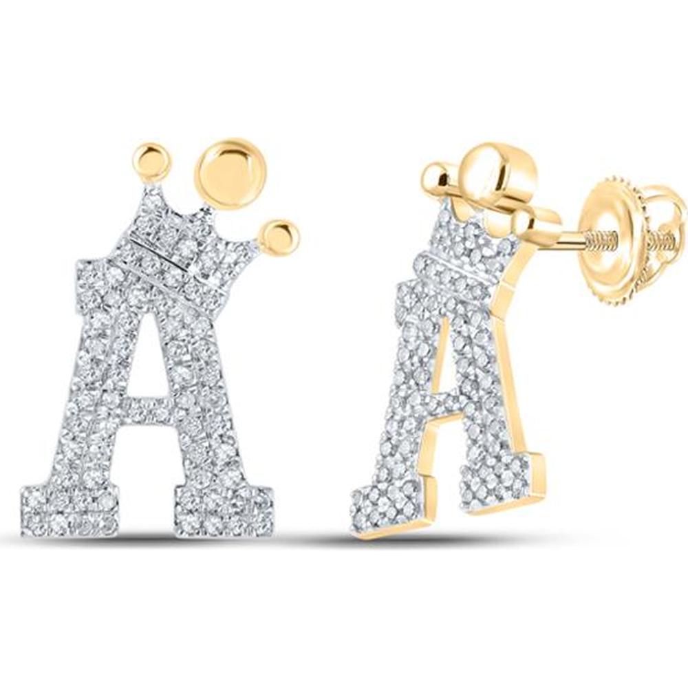 GND 10K Yellow Gold Diamond Crown A Letter Earrings with Pave Set Round Diamonds - 1/3 Carat Total Diamond Weight