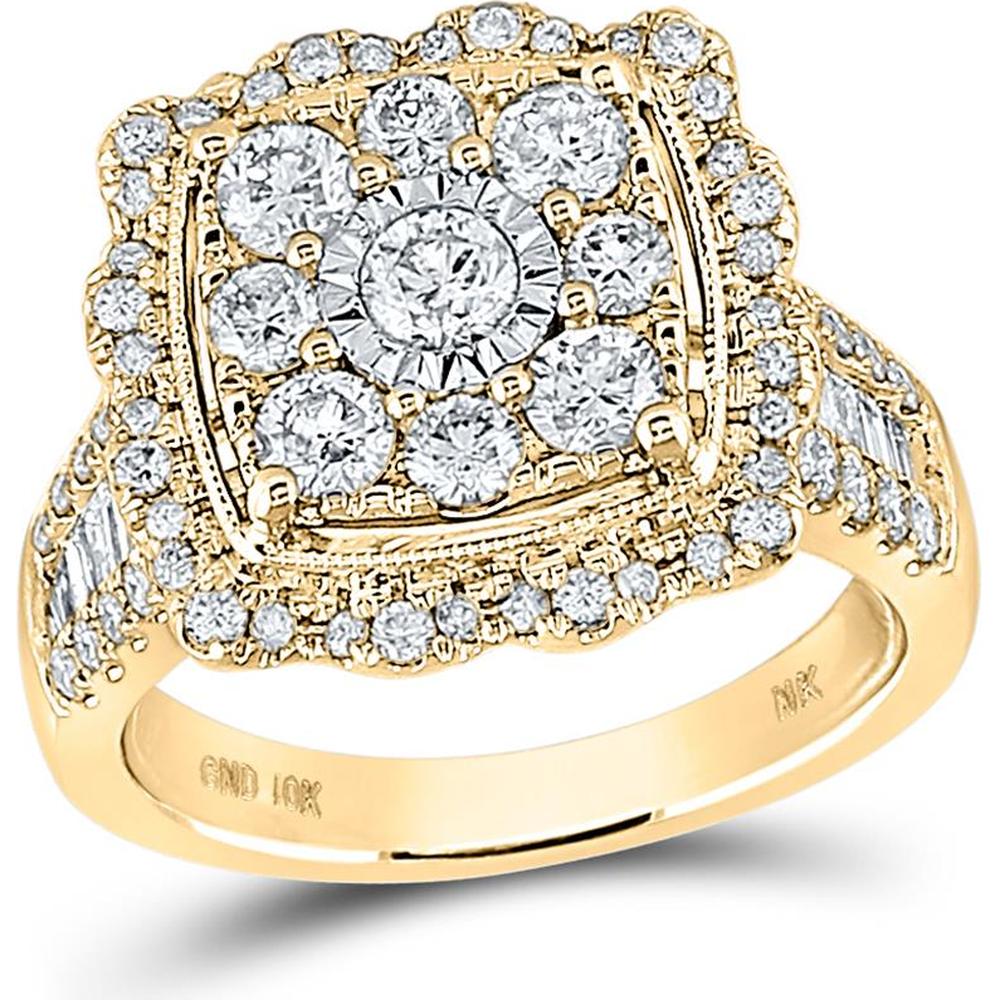 GND 10K Yellow Gold Diamond Square Halo Ring with Prong-Set Round Diamonds - 2 Carat Total Diamond Weight