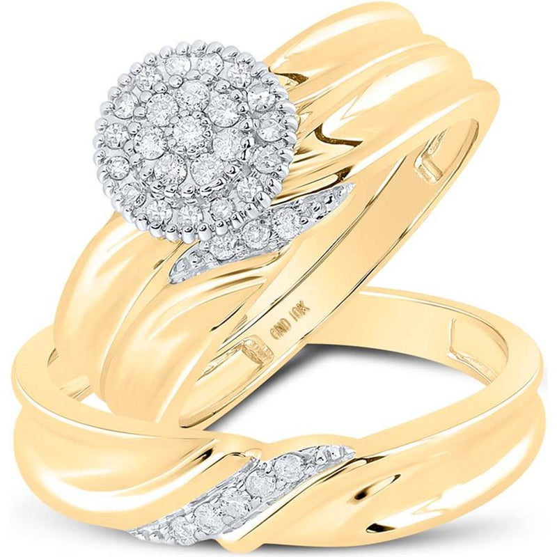 GND 10K Yellow Gold Diamond Trio Wedding Bridal Ring Set with Pave-Set Round-Cut Diamonds - 1/4 Total Carat Weight