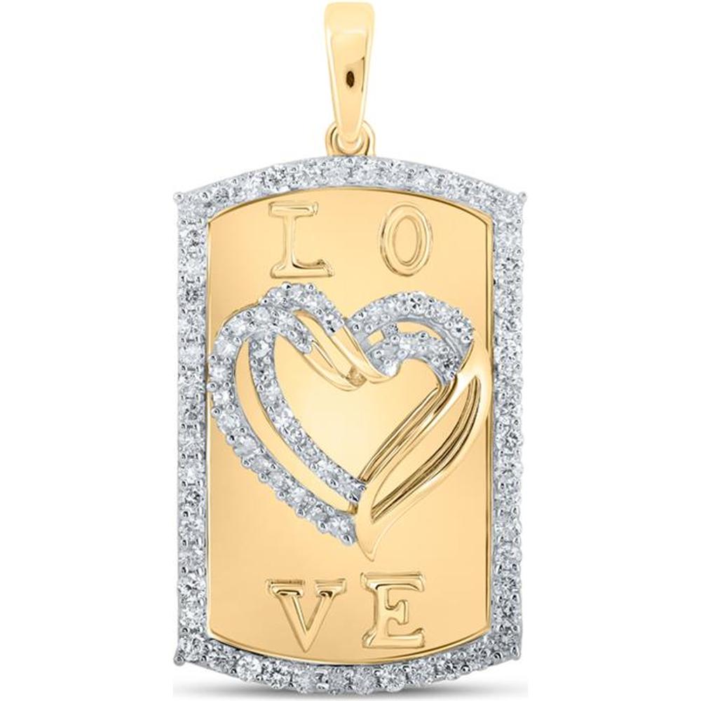 GND 10K Yellow Gold Dog Tag Heart Pendant with Prong-Set Round Diamonds - 5/8 Carat Total Diamond Weight