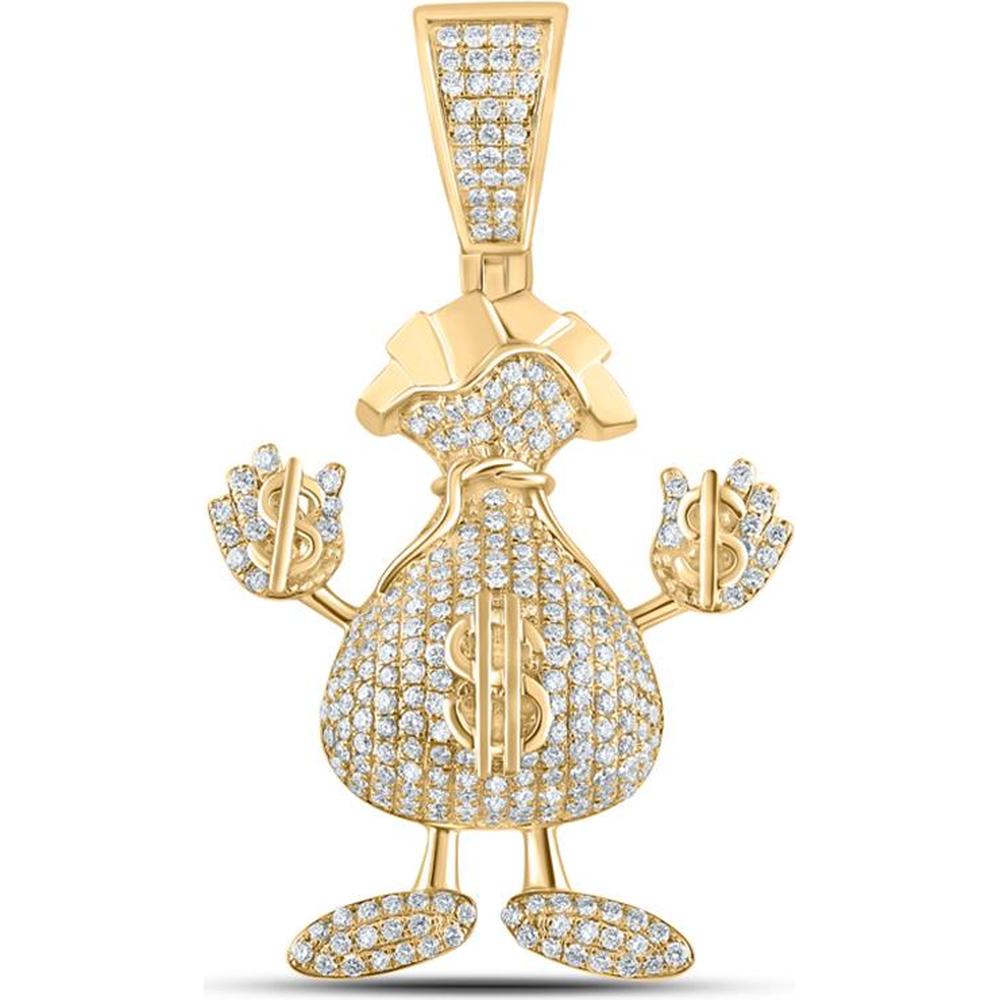 GND 10K Yellow Gold Dollar Money Bag Man Pendant with 3 Carats Round Pave-Set Diamonds