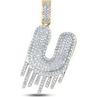 GND 10K Yellow Gold Dripping U Letter Charm Pendant with Pave-Set Round Diamonds - 0.75 Carat Total Diamond Weight