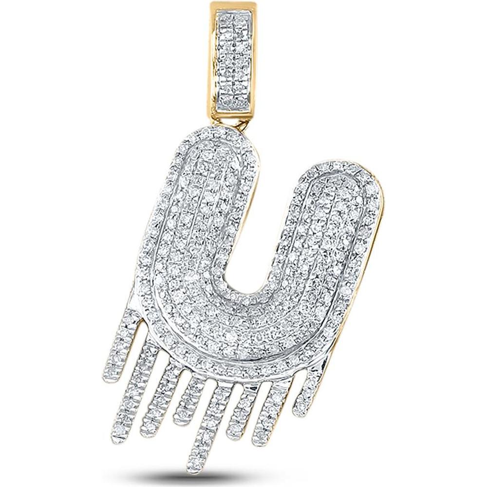 GND 10K Yellow Gold Dripping U Letter Charm Pendant with Pave-Set Round Diamonds - 0.75 Carat Total Diamond Weight