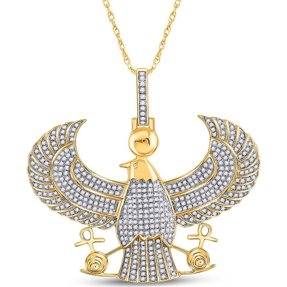 GND 10K Yellow Gold Egyptian Horus Eagle Pendant with Pave-Set Round Diamonds - 1.76 Carat Total Diamond Weight