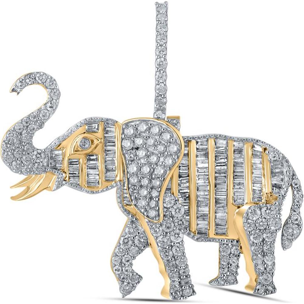 GND 10K Yellow Gold Elephant Charm Pendant with Baguette and Round Diamonds - 2-1/3 Carat Total Diamond Weight