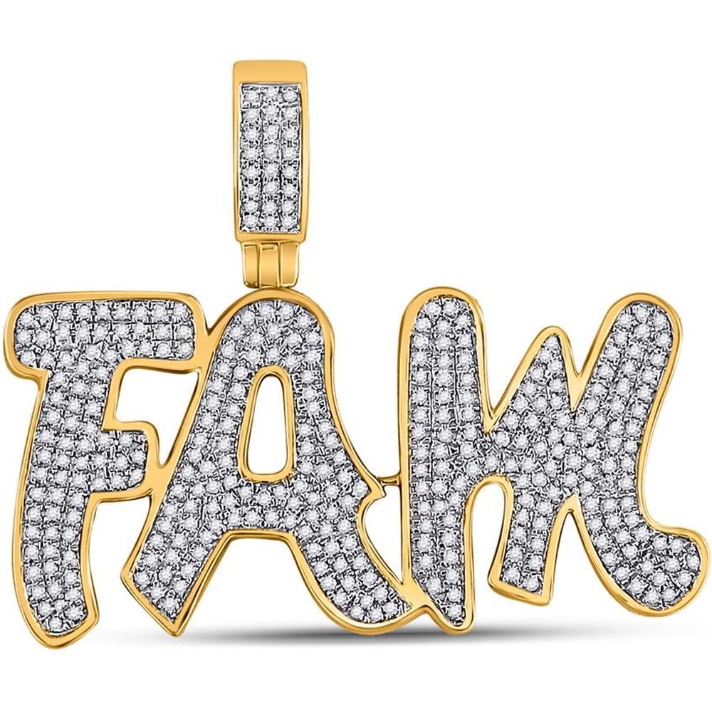 GND 10K Yellow Gold Fam Phrase Charm Pendant with Pave-Set Round Diamonds - 1.00 Carat Total Diamond Weight