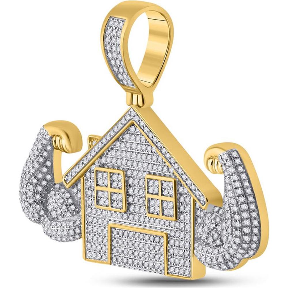 GND 10K Yellow Gold Flex Trap House Charm Pendant with Prong-Set Round Diamonds - 1.5 Carat Total Diamond Weight