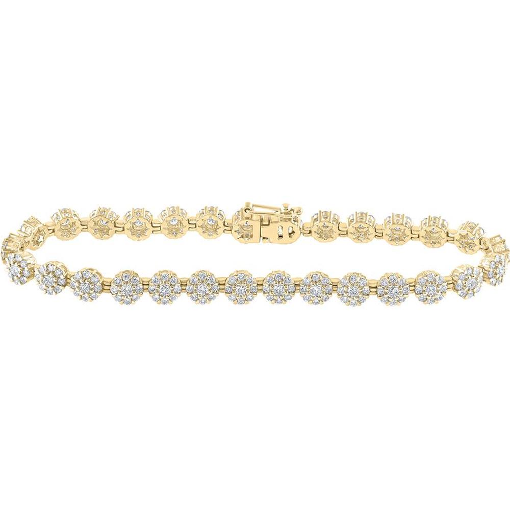 GND 10K Yellow Gold Flower Cluster Diamond Bracelet with Prong Set Round Diamonds - 3.84 Carat Total Diamond Weight
