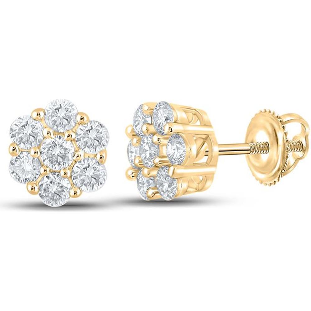 GND 10K Yellow Gold Flower Cluster Earrings with Prong-Set Round Diamonds - 1/2 Carat Total Diamond Weight