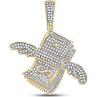 GND 10K Yellow Gold Flying Dollar Money Pendant with Pave-Set Round Diamonds - 0.50 Carat Total Diamond Weight