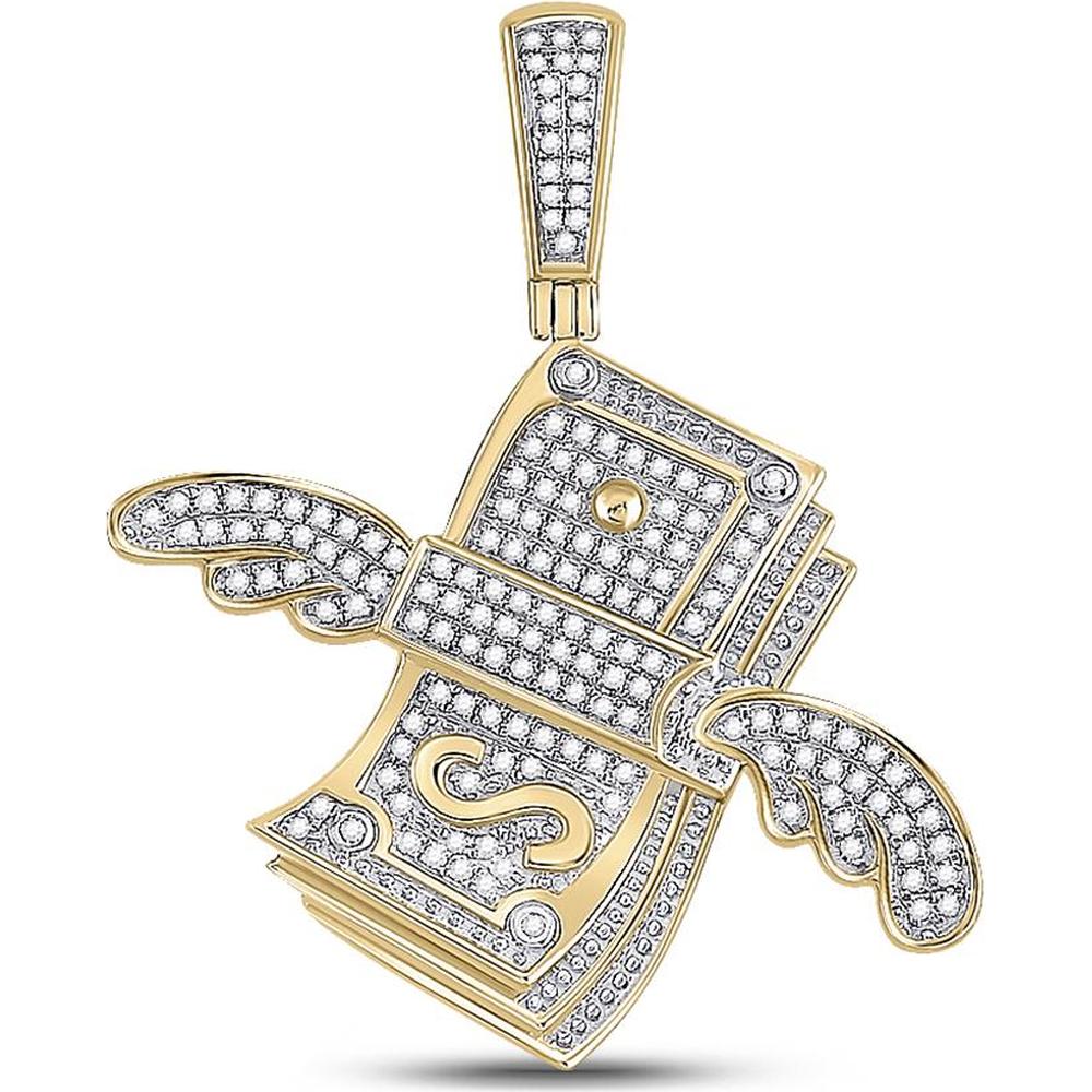 GND 10K Yellow Gold Flying Dollar Money Pendant with Pave-Set Round Diamonds - 0.50 Carat Total Diamond Weight
