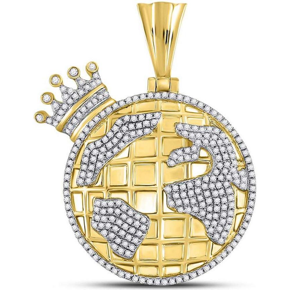 GND 10K Yellow Gold Globe Crown Pendant with Pave-Set Round Diamonds - 0.81 Carat Total Diamond Weight