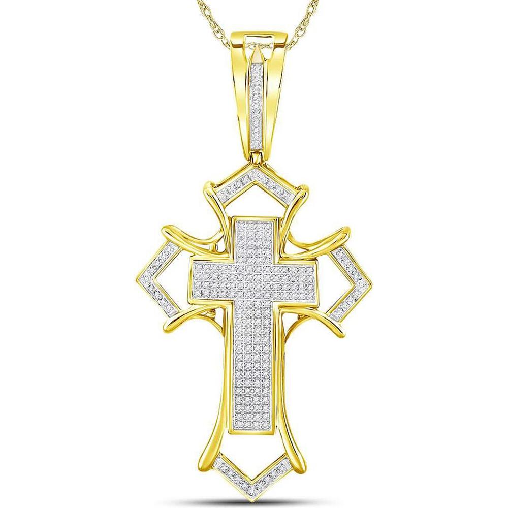 GND 10K Yellow Gold Gothic Cross Charm Pendant with Pave-Set Round Diamonds - 0.55 Carat Total Diamond Weight