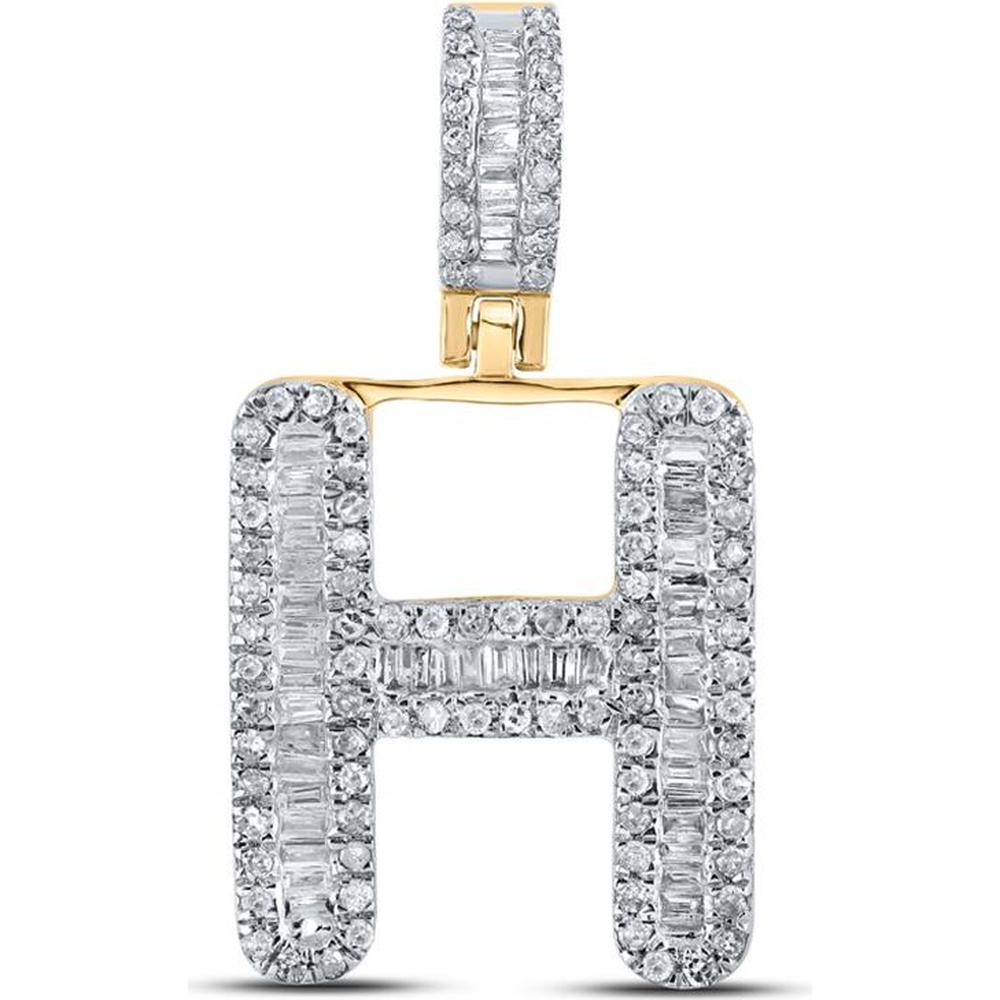 GND 10K Yellow Gold H Initial Pendant with Baguette and Round Diamonds - 0.46 Carat Total Diamond Weight