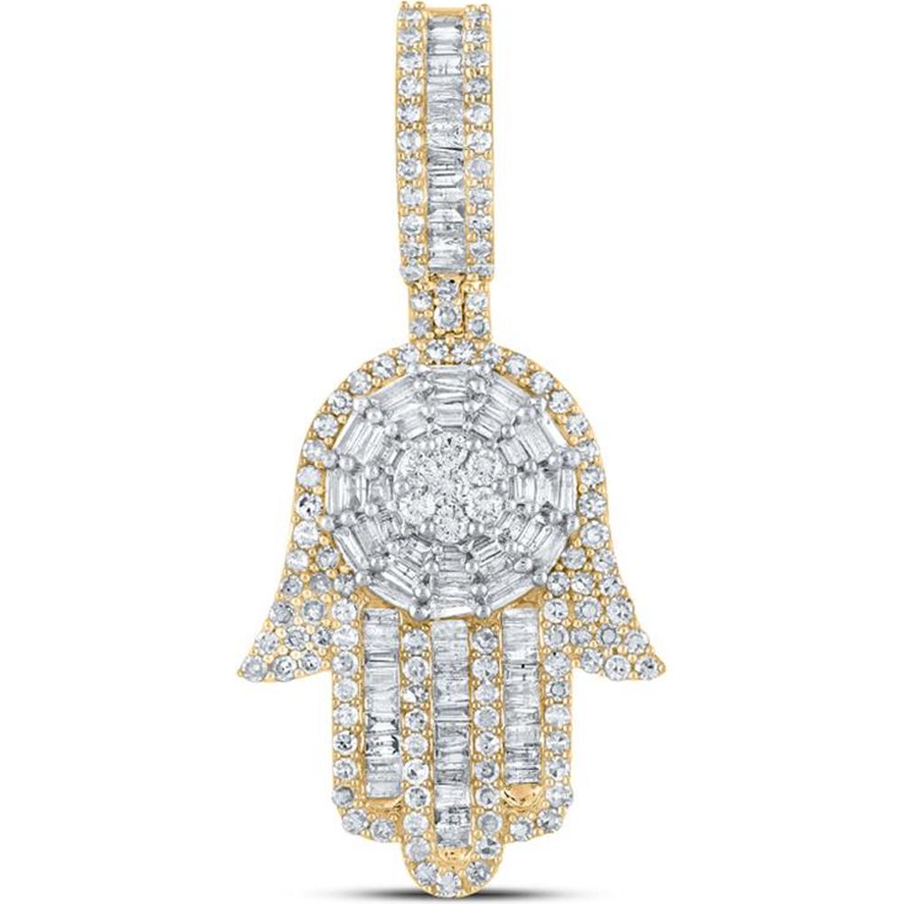 GND 10K Yellow Gold Hamsa Charm Pendant with Baguette and Round Diamonds - 1.58 Carat Total Diamond Weight