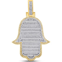 GND 10K Yellow Gold Hamsa Charm Pendant with Channel-Set Baguette and Pave-Set Round Diamonds - 2.00 Carat Total Diamond Weight
