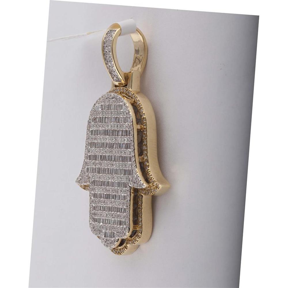 GND 10K Yellow Gold Hamsa Charm Pendant with Channel-Set Baguette and Pave-Set Round Diamonds - 2.00 Carat Total Diamond Weight