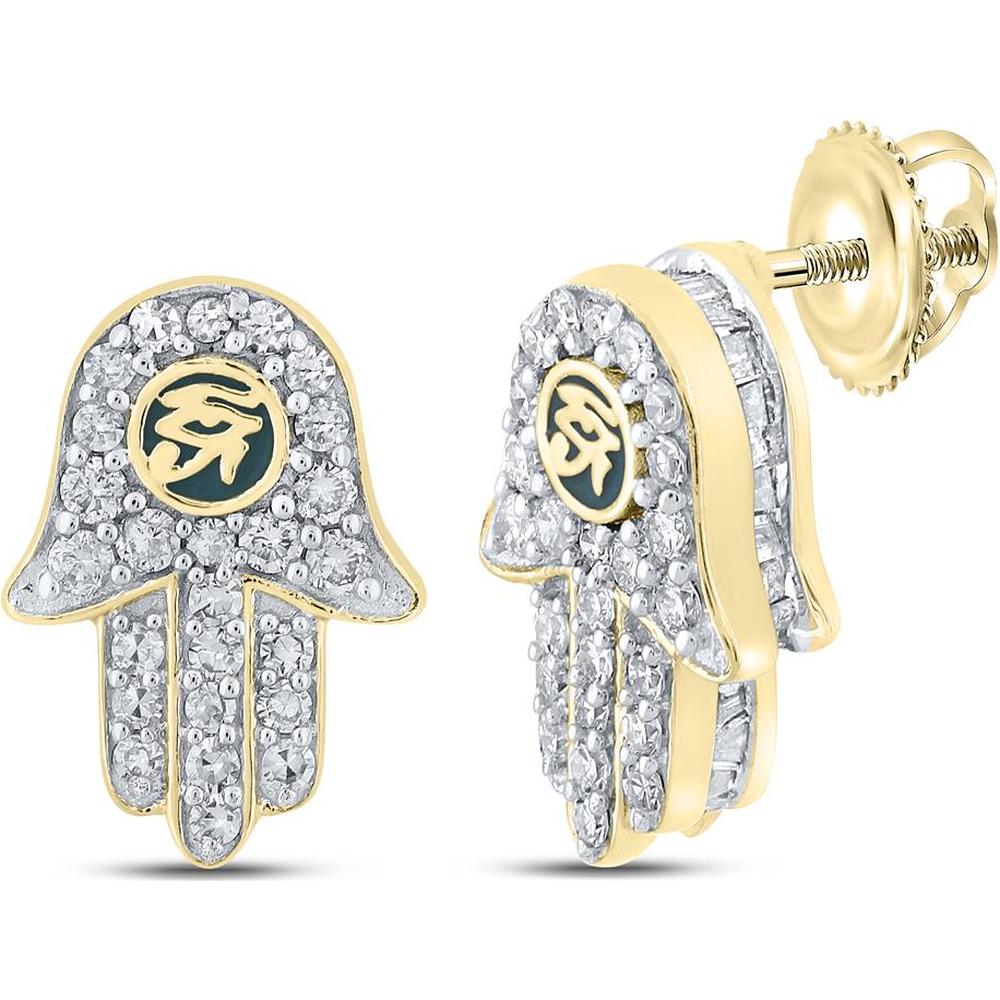 GND 10K Yellow Gold Hamsa Eye of Ra Earrings with Channel-Set Baguette and Round Prong-Set Diamonds - 5/8 Carat Total Diamond Weight